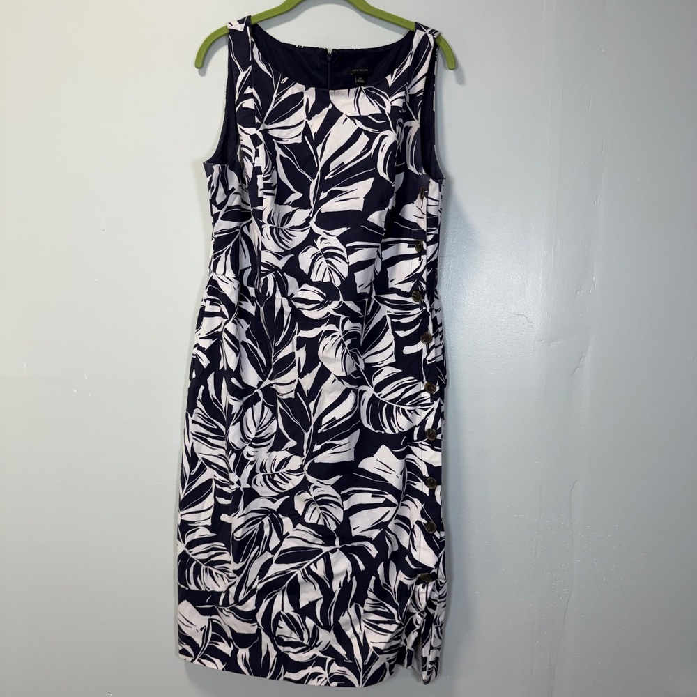 Ann Taylor Navy Blue White Tropical Leaf Button Side Sheath Dress 12